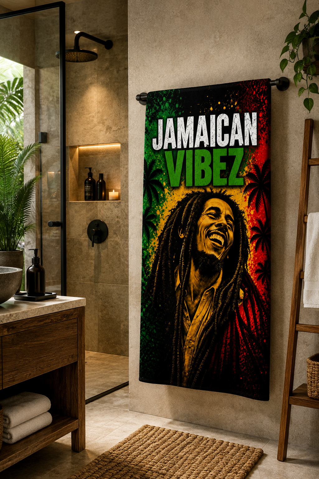 Jamaican Vibez Towel, Jamaica Reggae Inspired Bath Towel, Tropical Rasta Decor, Jamaican Gift, Beach Pool Shower Travel Towel