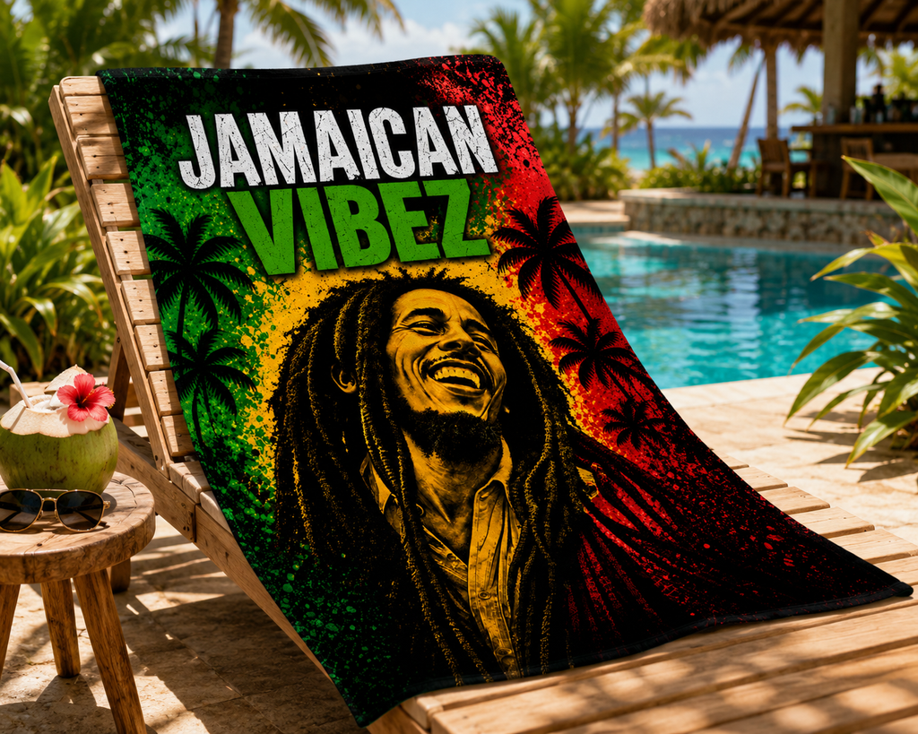 Jamaican Vibez Towel, Jamaica Reggae Inspired Bath Towel, Tropical Rasta Decor, Jamaican Gift, Beach Pool Shower Travel Towel