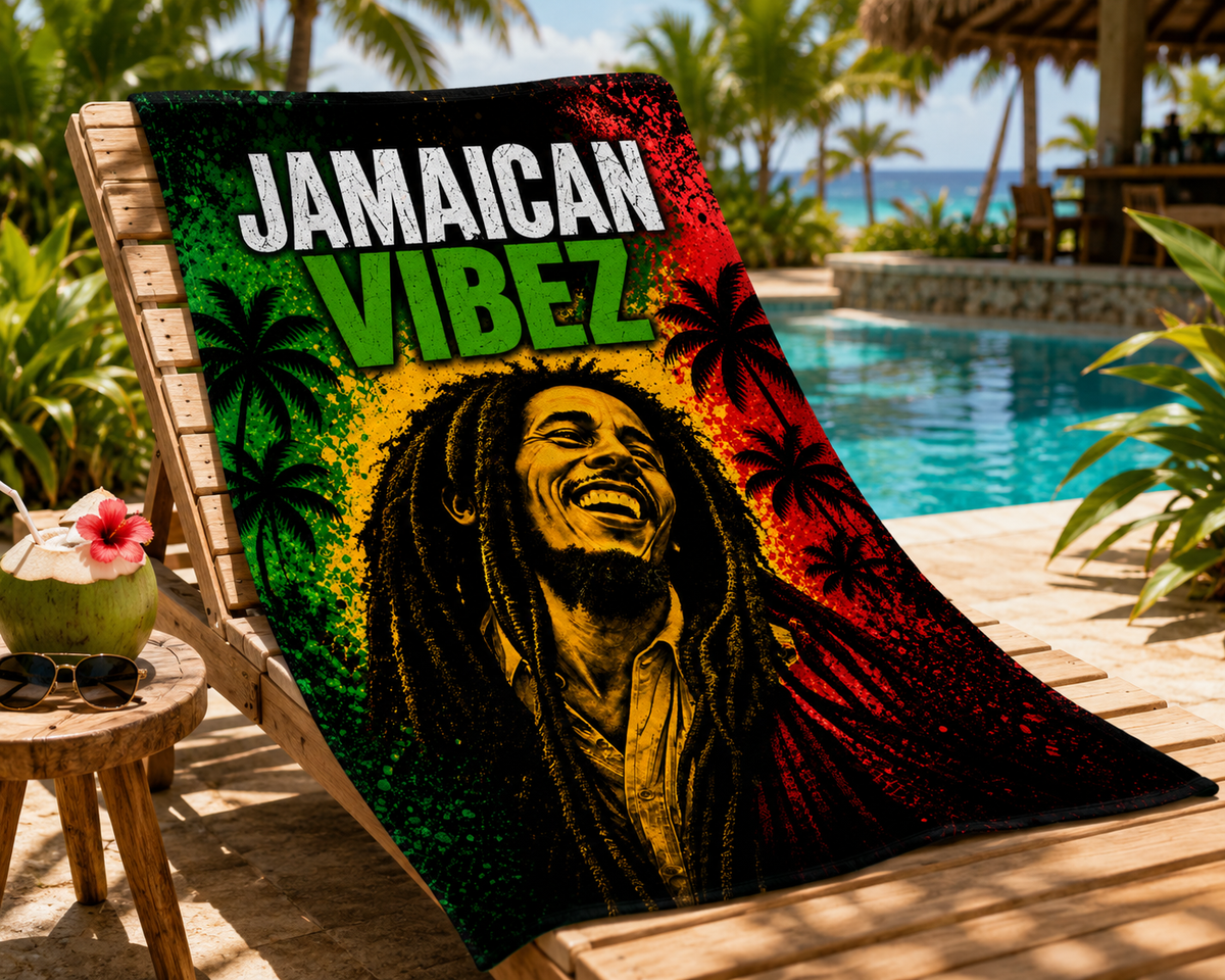 Jamaican Vibez Towel, Jamaica Reggae Inspired Bath Towel, Tropical Rasta Decor, Jamaican Gift, Beach Pool Shower Travel Towel