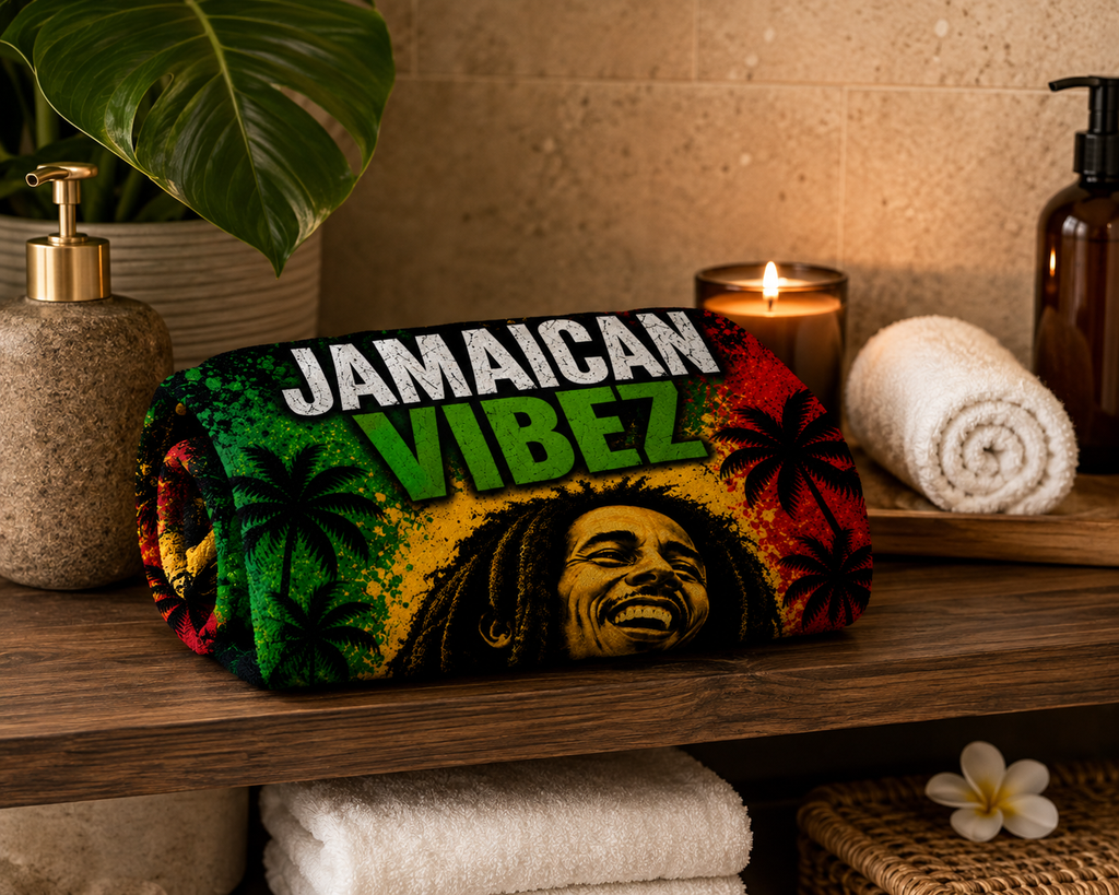 Jamaican Vibez Towel, Jamaica Reggae Inspired Bath Towel, Tropical Rasta Decor, Jamaican Gift, Beach Pool Shower Travel Towel