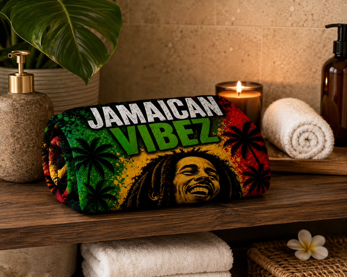 Jamaican Vibez Towel, Jamaica Reggae Inspired Bath Towel, Tropical Rasta Decor, Jamaican Gift, Beach Pool Shower Travel Towel