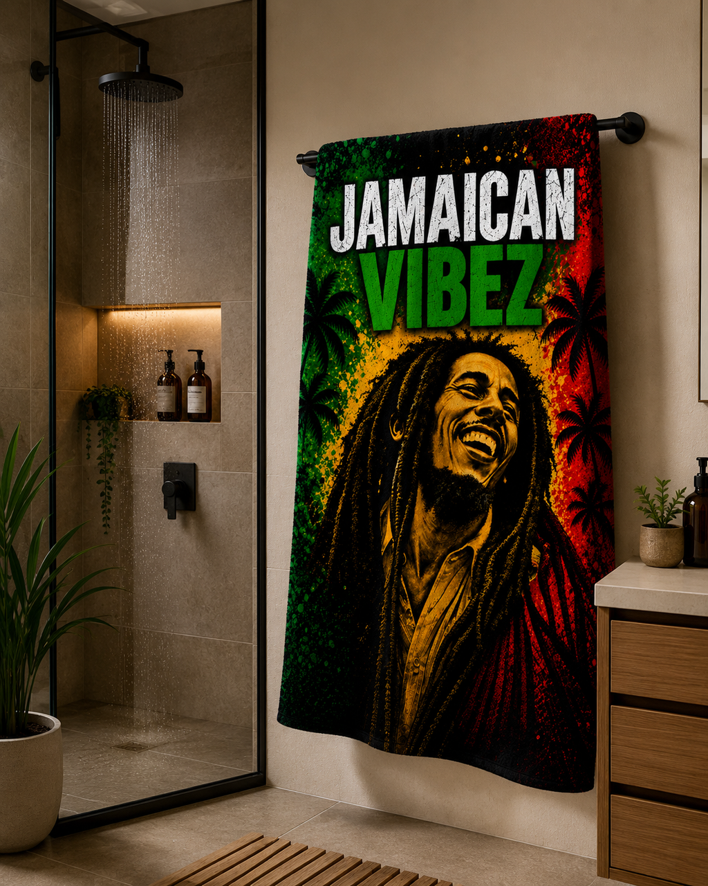 Jamaican Vibez Towel, Jamaica Reggae Inspired Bath Towel, Tropical Rasta Decor, Jamaican Gift, Beach Pool Shower Travel Towel