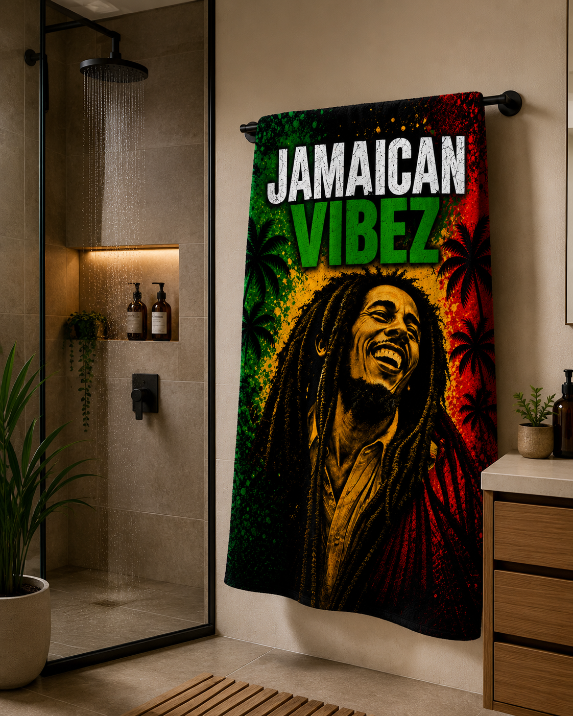 Jamaican Vibez Towel, Jamaica Reggae Inspired Bath Towel, Tropical Rasta Decor, Jamaican Gift, Beach Pool Shower Travel Towel
