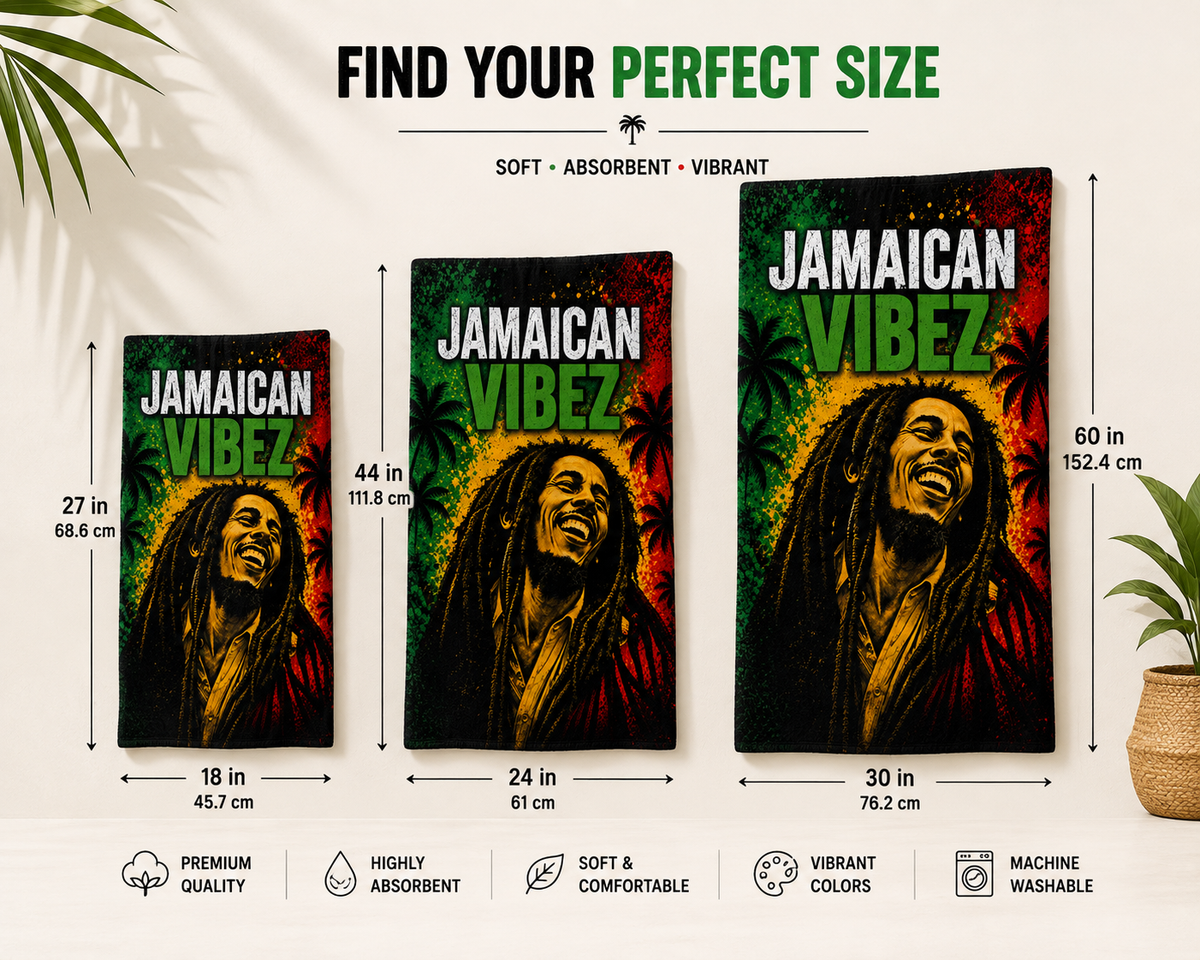 Jamaican Vibez Towel, Jamaica Reggae Inspired Bath Towel, Tropical Rasta Decor, Jamaican Gift, Beach Pool Shower Travel Towel