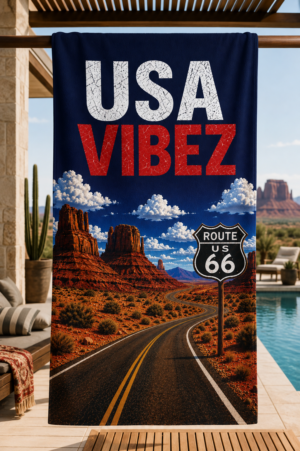 USA Vibez Route 66 Towel, American Travel Towel, USA Road Trip Gift, Americana Bathroom Towel, Hotel Pool Beach Shower Towel