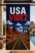 USA Vibez Route 66 Towel, American Travel Towel, USA Road Trip Gift, Americana Bathroom Towel, Hotel Pool Beach Shower Towel