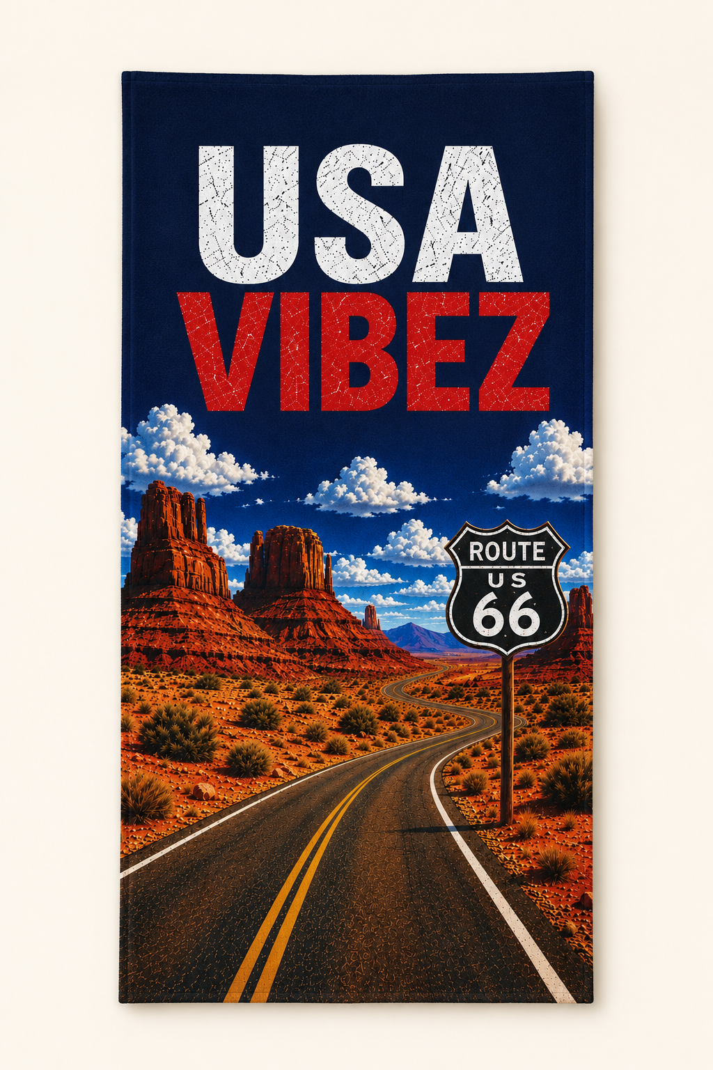 USA Vibez Route 66 Towel, American Travel Towel, USA Road Trip Gift, Americana Bathroom Towel, Hotel Pool Beach Shower Towel