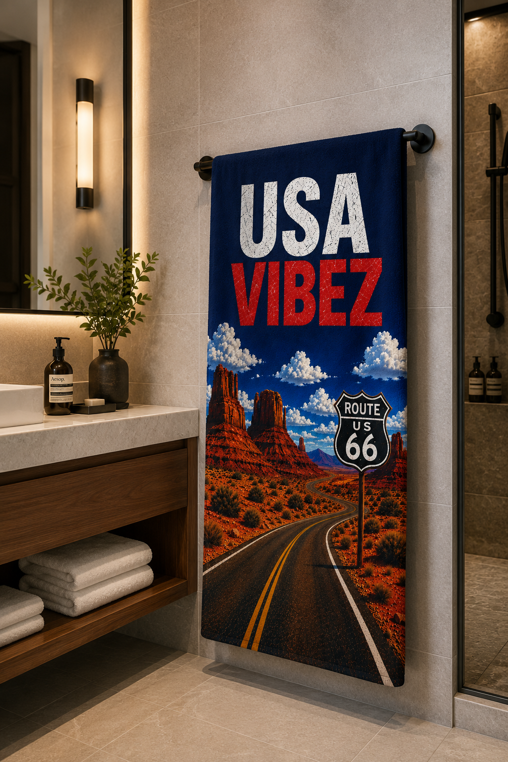 USA Vibez Route 66 Towel, American Travel Towel, USA Road Trip Gift, Americana Bathroom Towel, Hotel Pool Beach Shower Towel