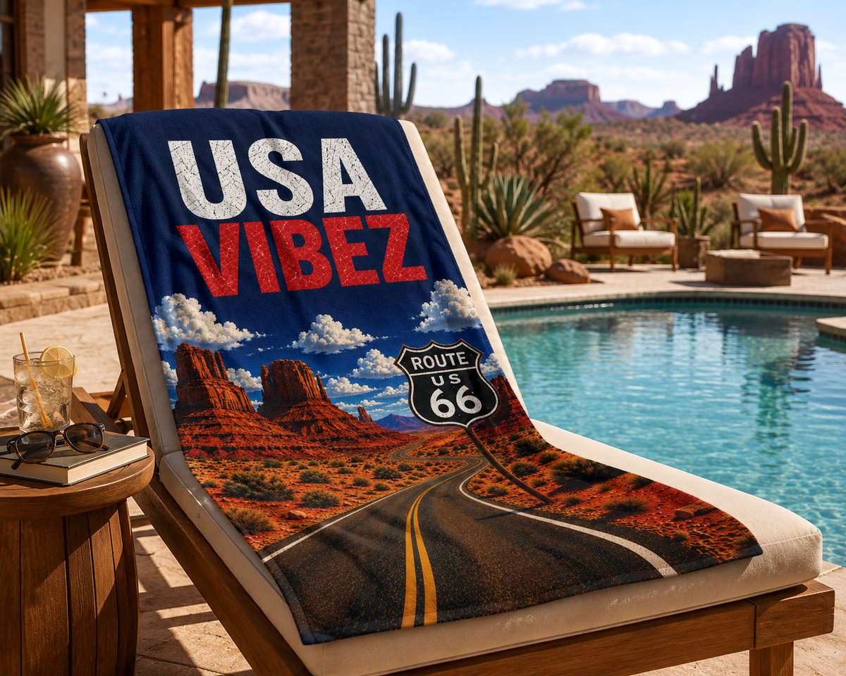 USA Vibez Route 66 Towel, American Travel Towel, USA Road Trip Gift, Americana Bathroom Towel, Hotel Pool Beach Shower Towel