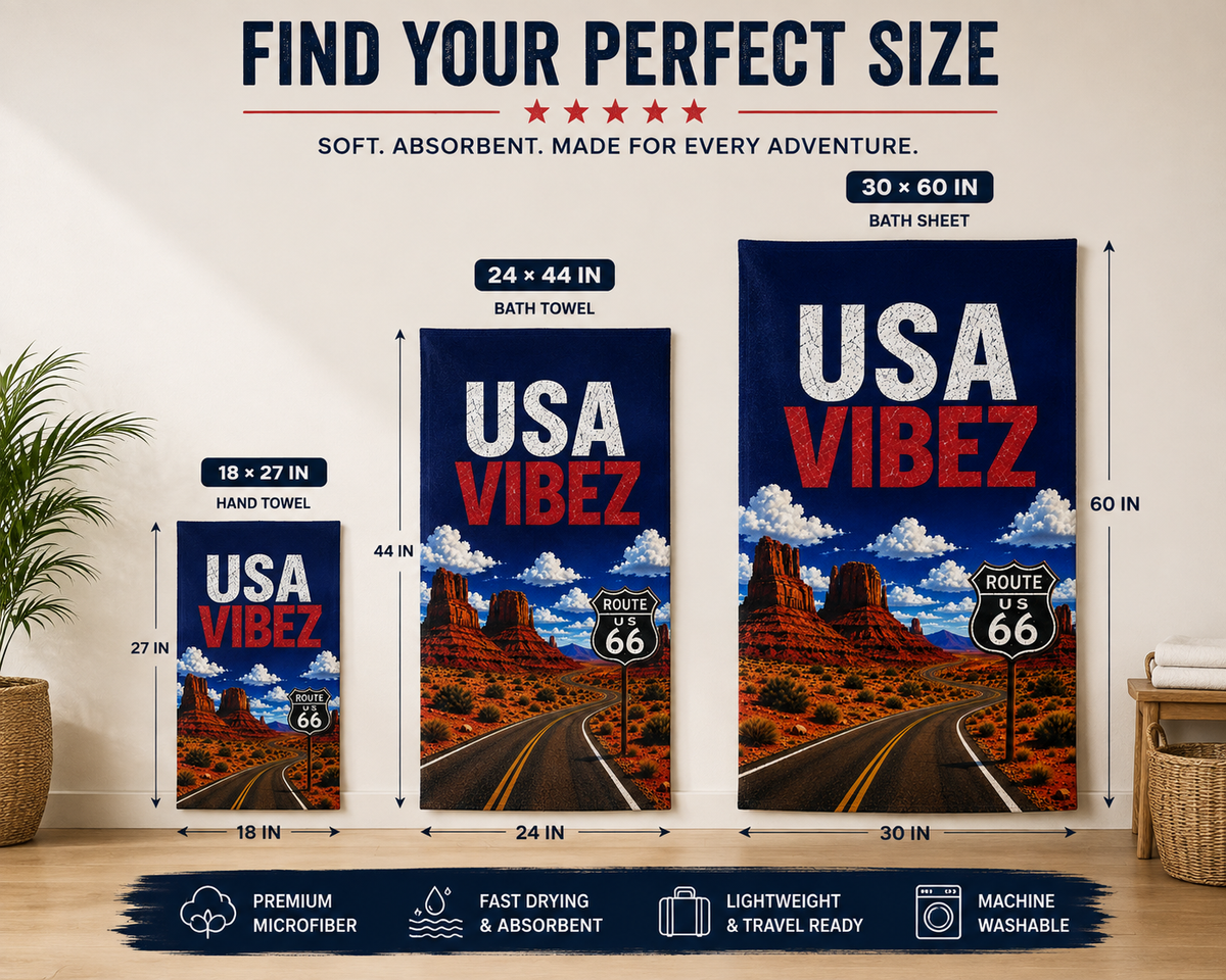 USA Vibez Route 66 Towel, American Travel Towel, USA Road Trip Gift, Americana Bathroom Towel, Hotel Pool Beach Shower Towel