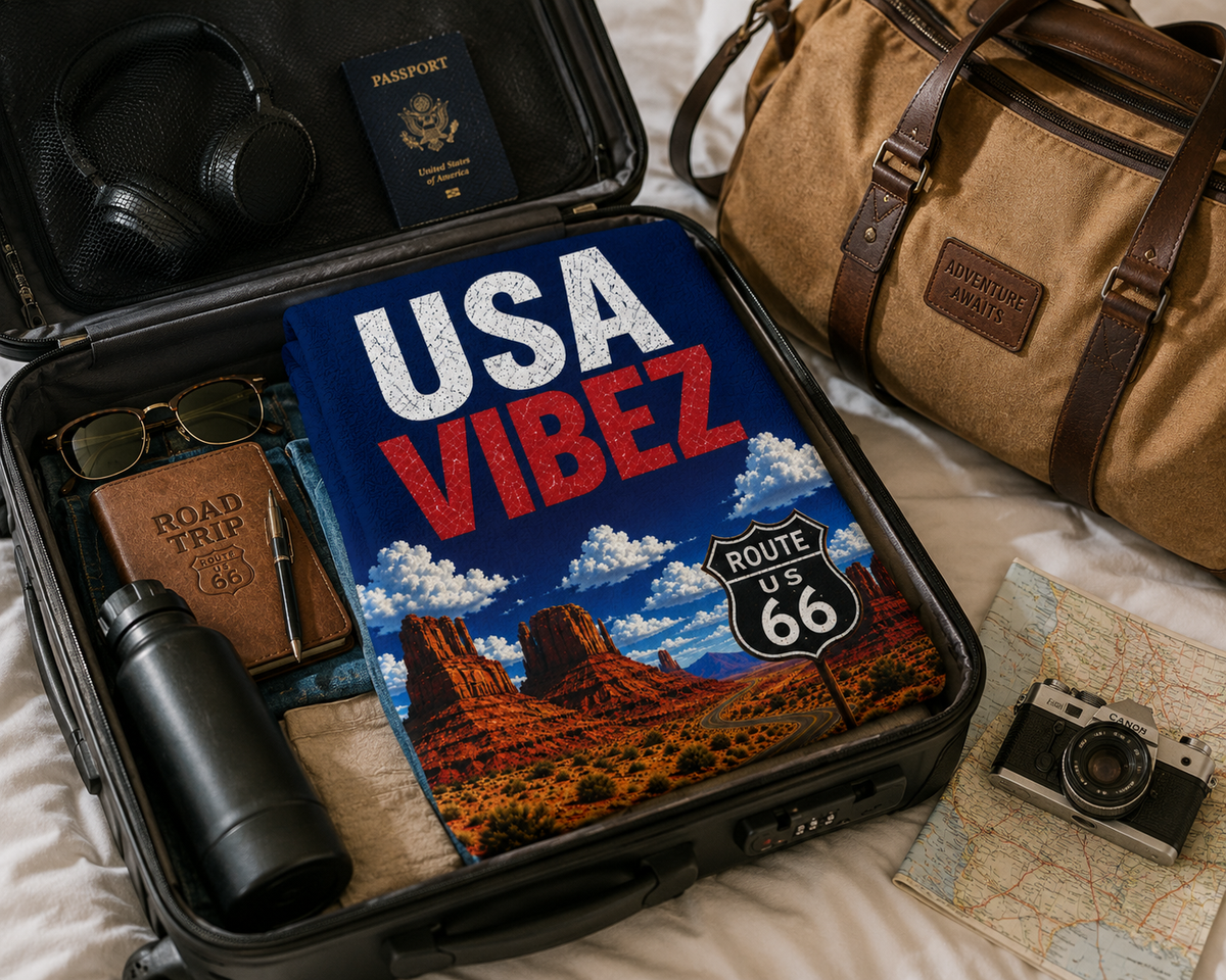 USA Vibez Route 66 Towel, American Travel Towel, USA Road Trip Gift, Americana Bathroom Towel, Hotel Pool Beach Shower Towel