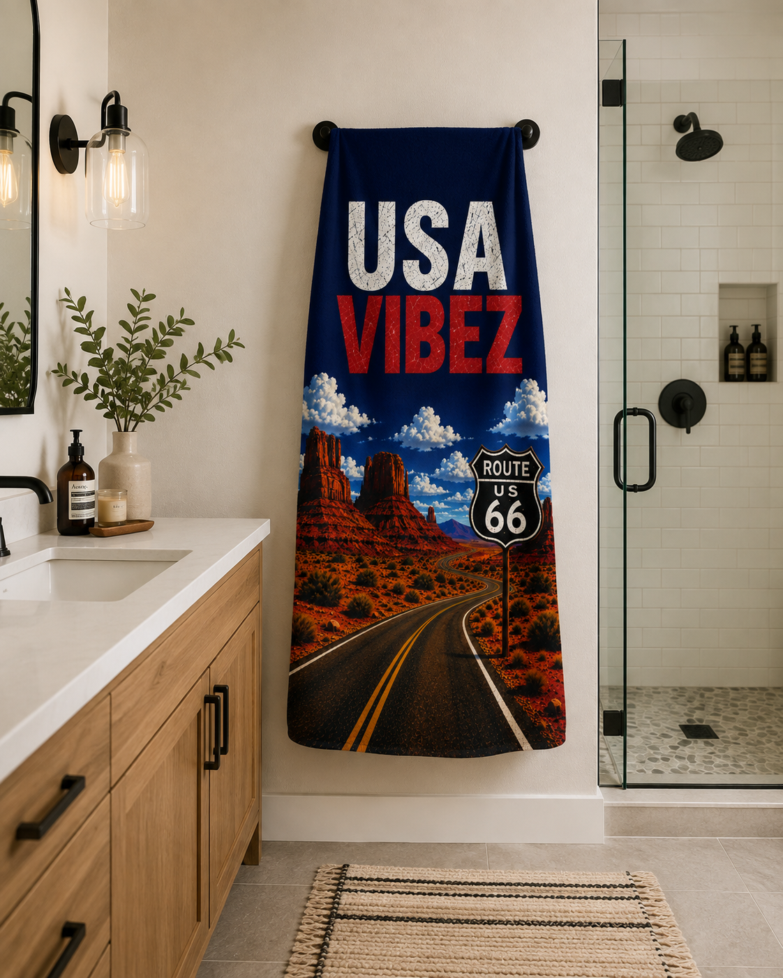 USA Vibez Route 66 Towel, American Travel Towel, USA Road Trip Gift, Americana Bathroom Towel, Hotel Pool Beach Shower Towel