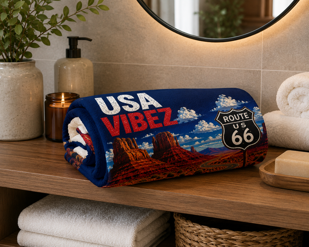 USA Vibez Route 66 Towel, American Travel Towel, USA Road Trip Gift, Americana Bathroom Towel, Hotel Pool Beach Shower Towel