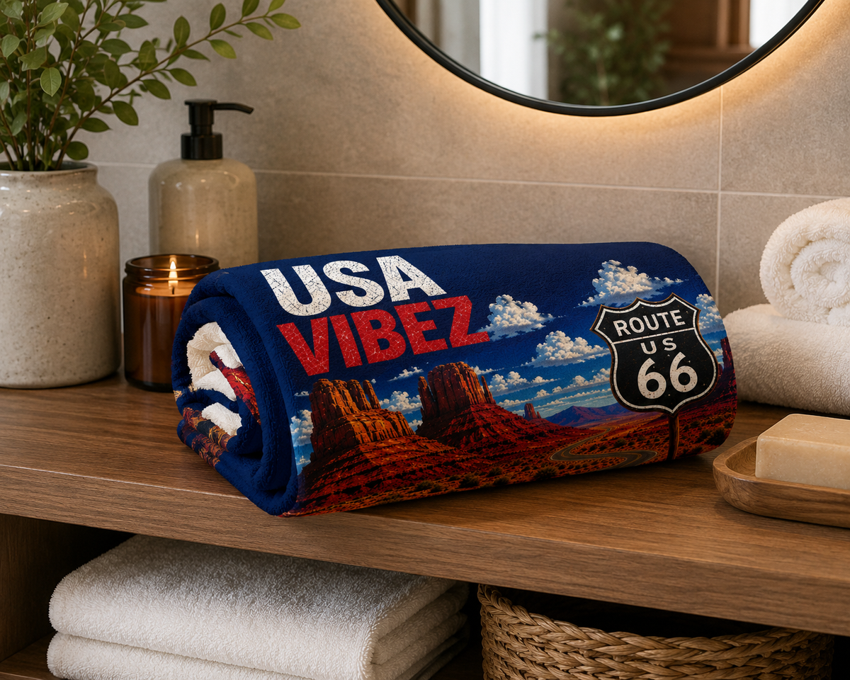 USA Vibez Route 66 Towel, American Travel Towel, USA Road Trip Gift, Americana Bathroom Towel, Hotel Pool Beach Shower Towel