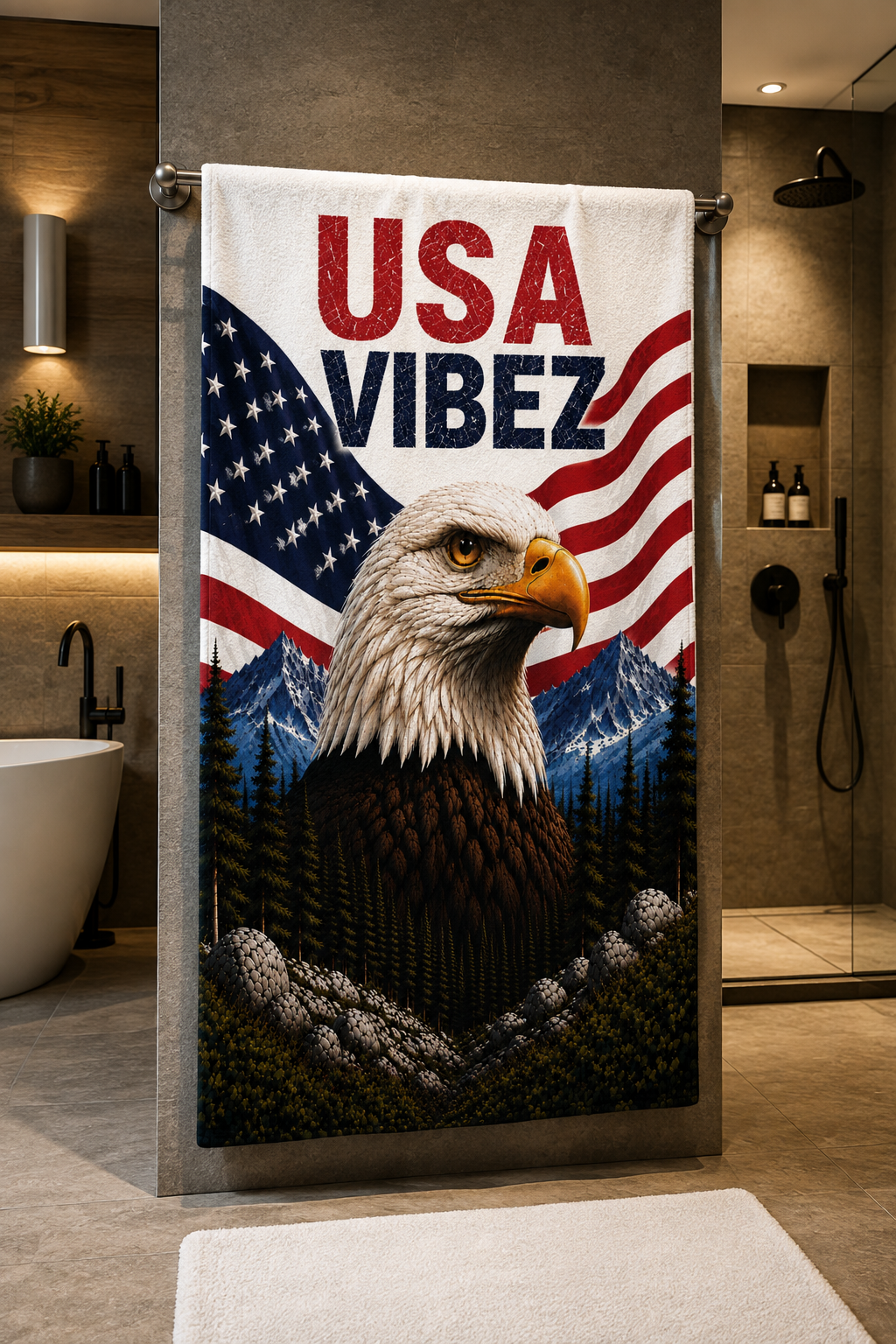 USA Vibez Towel, American Eagle Towel, Patriotic USA Bath Towel, American Flag Towel, Travel Hotel Pool Towel, USA Gift