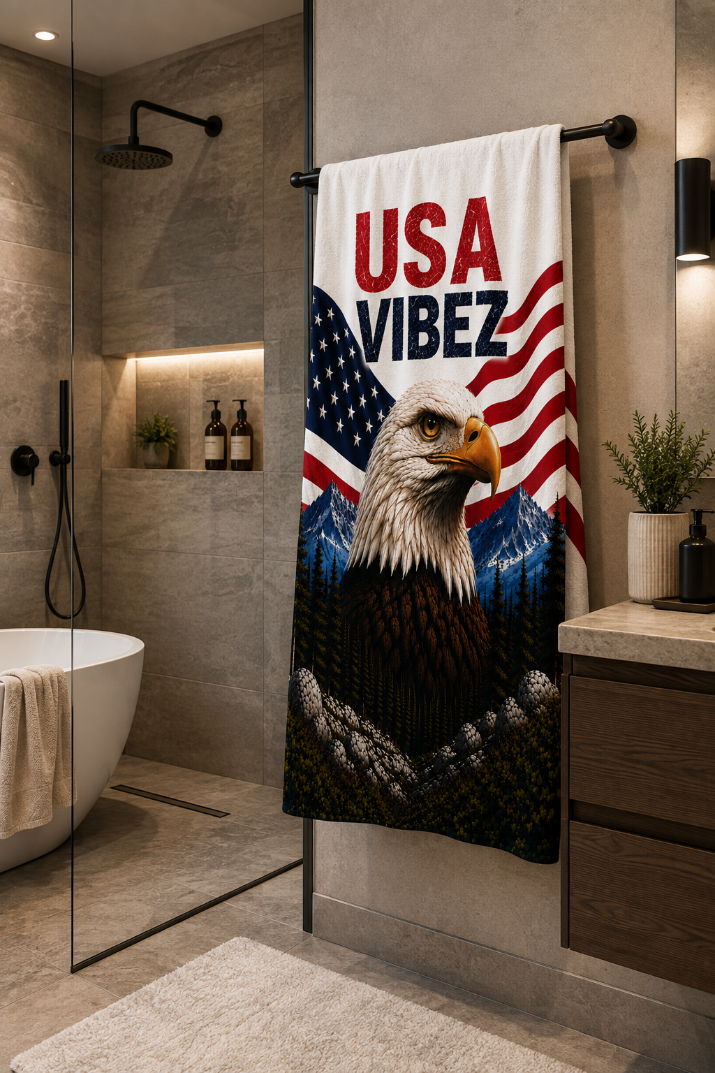 USA Vibez Towel, American Eagle Towel, Patriotic USA Bath Towel, American Flag Towel, Travel Hotel Pool Towel, USA Gift