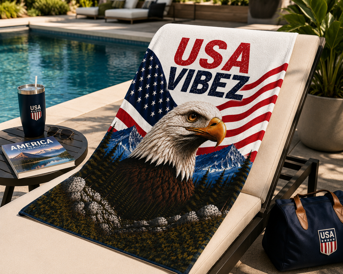 USA Vibez Towel, American Eagle Towel, Patriotic USA Bath Towel, American Flag Towel, Travel Hotel Pool Towel, USA Gift