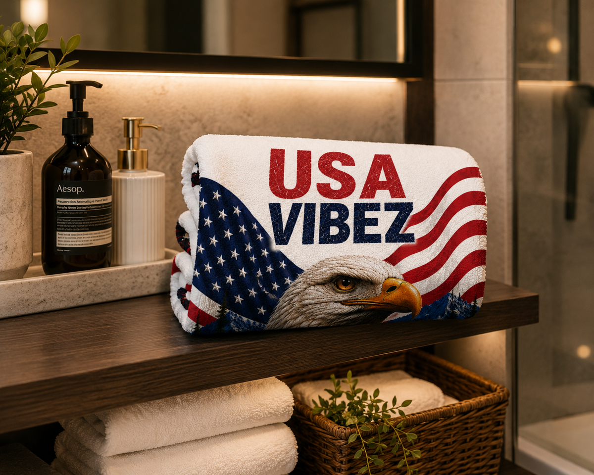 USA Vibez Towel, American Eagle Towel, Patriotic USA Bath Towel, American Flag Towel, Travel Hotel Pool Towel, USA Gift