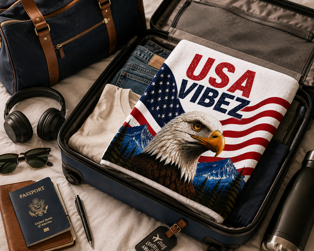 USA Vibez Towel, American Eagle Towel, Patriotic USA Bath Towel, American Flag Towel, Travel Hotel Pool Towel, USA Gift