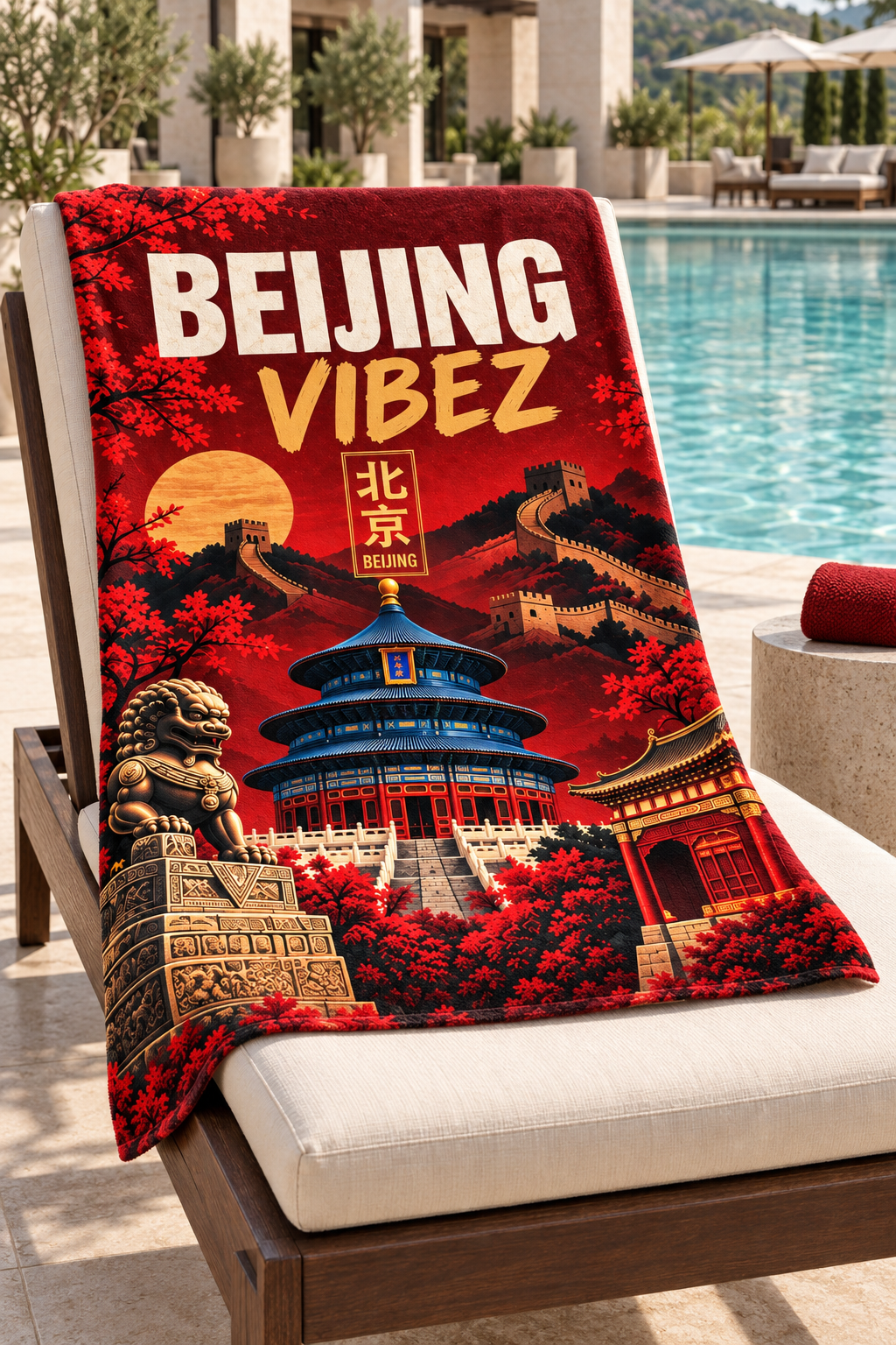 Beijing Vibez Towel, China Travel Gift, Great Wall Bath Towel, Chinese Décor, Temple of Heaven Souvenir, Beijing Gift