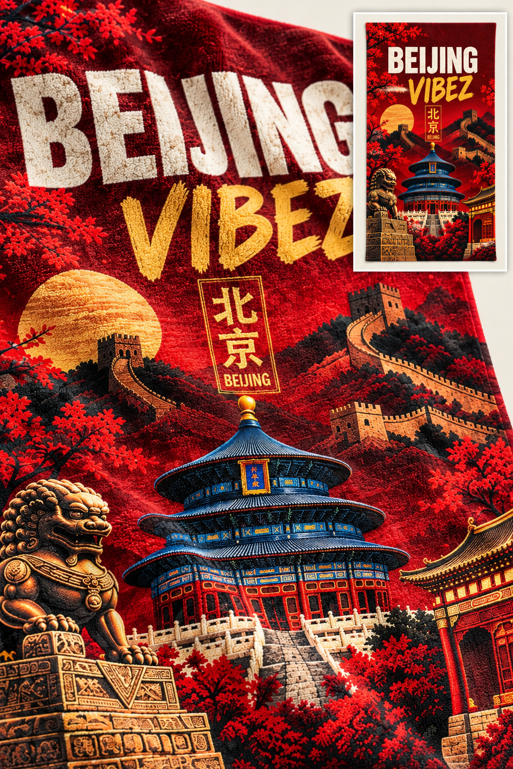 Beijing Vibez Towel, China Travel Gift, Great Wall Bath Towel, Chinese Décor, Temple of Heaven Souvenir, Beijing Gift