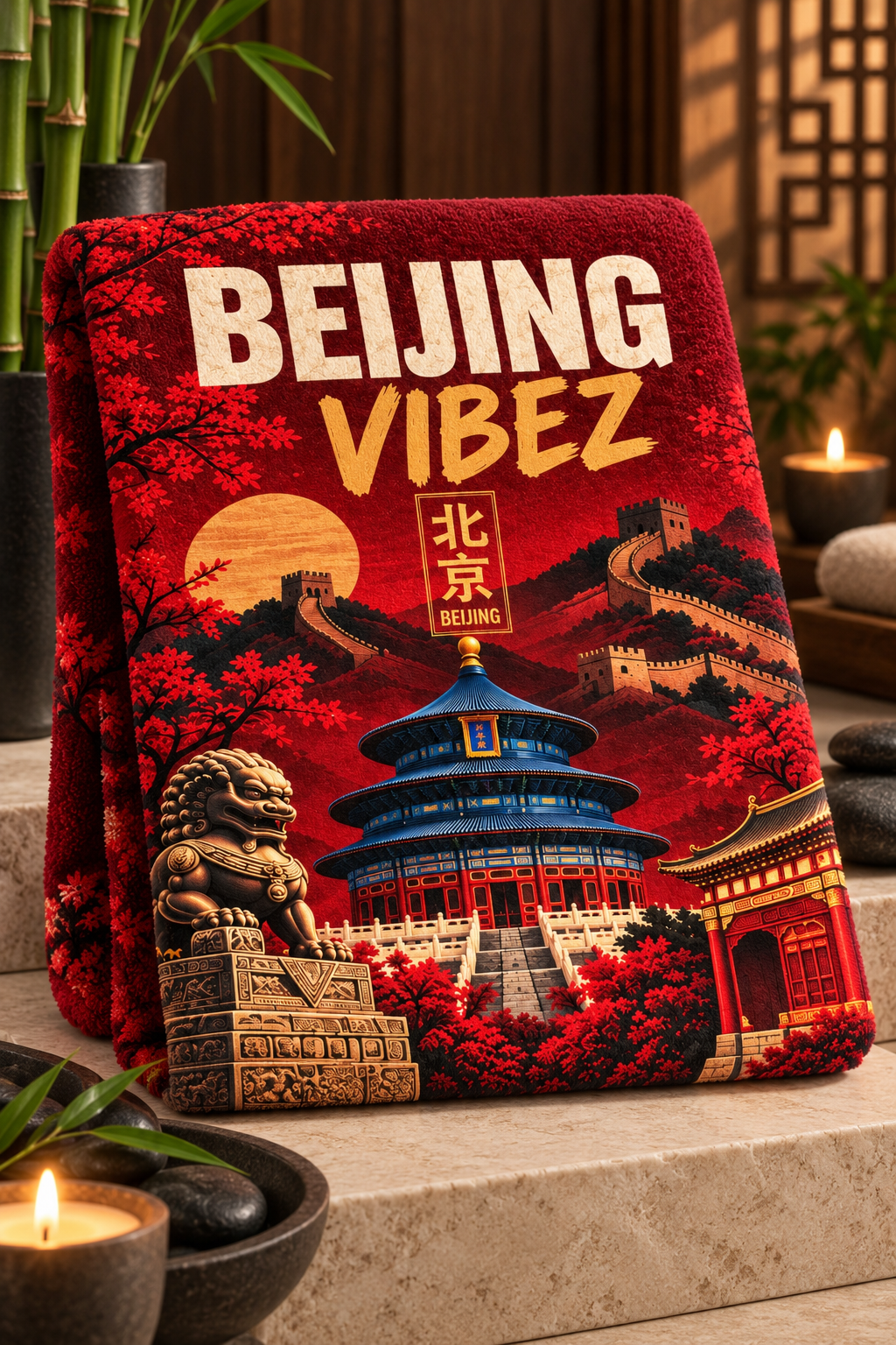 Beijing Vibez Towel, China Travel Gift, Great Wall Bath Towel, Chinese Décor, Temple of Heaven Souvenir, Beijing Gift