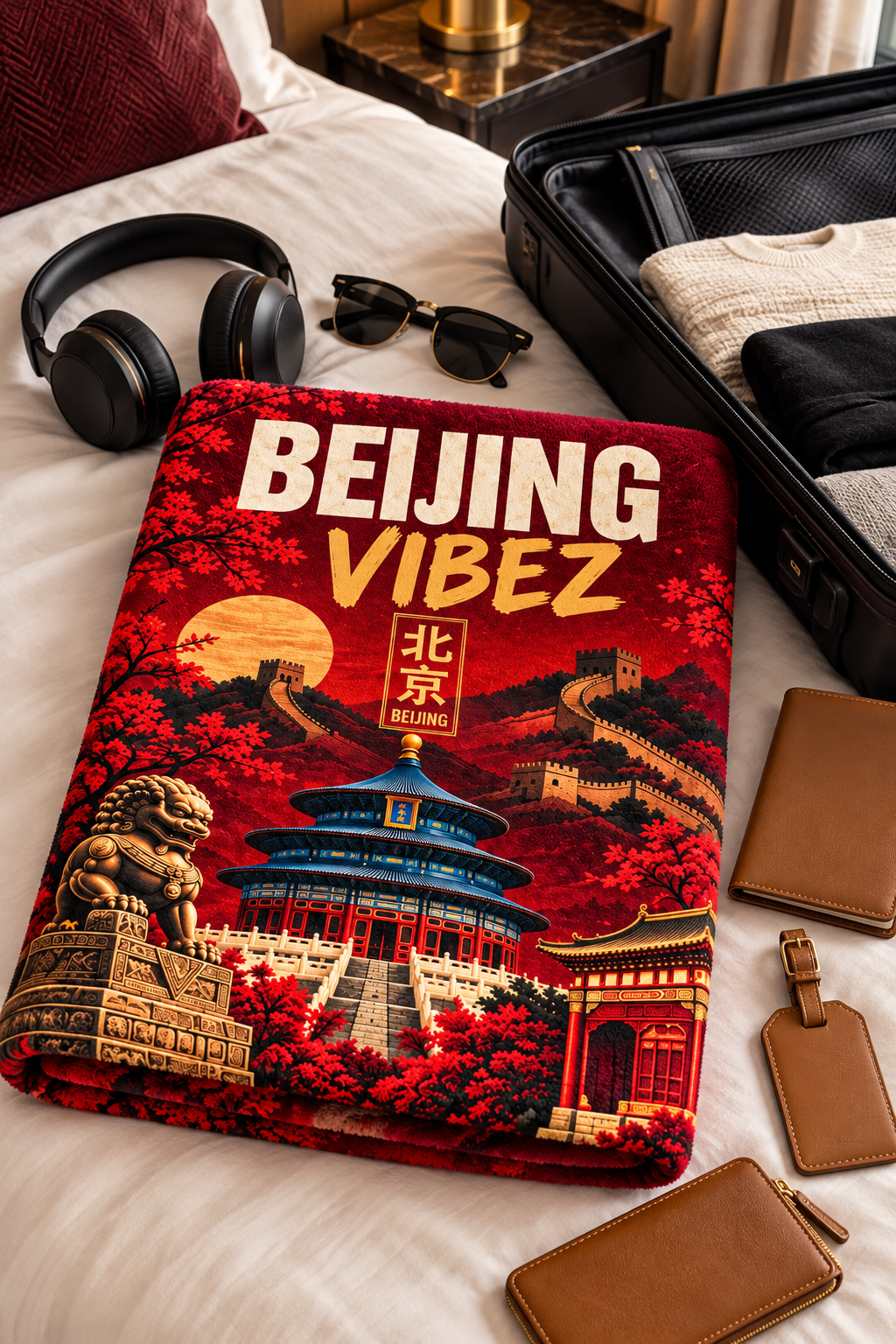 Beijing Vibez Towel, China Travel Gift, Great Wall Bath Towel, Chinese Décor, Temple of Heaven Souvenir, Beijing Gift
