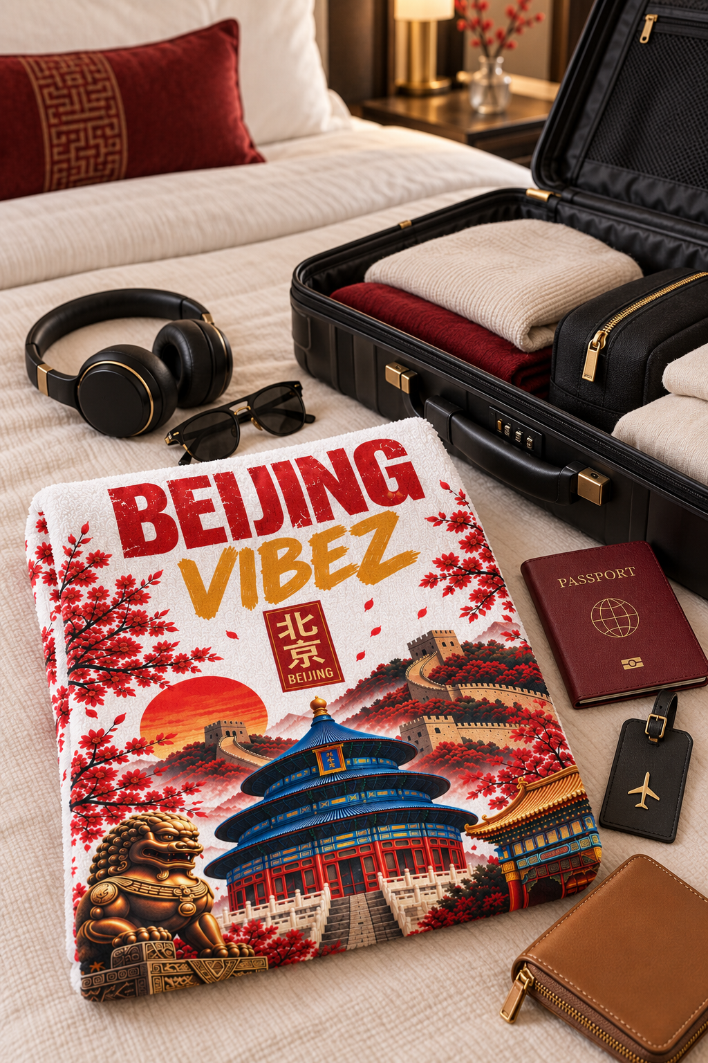 Beijing Towel, China Travel Gift, Great Wall Bath Towel, Temple of Heaven Decor, Red Gold Chinese Beach Towel, Beijing Souvenir