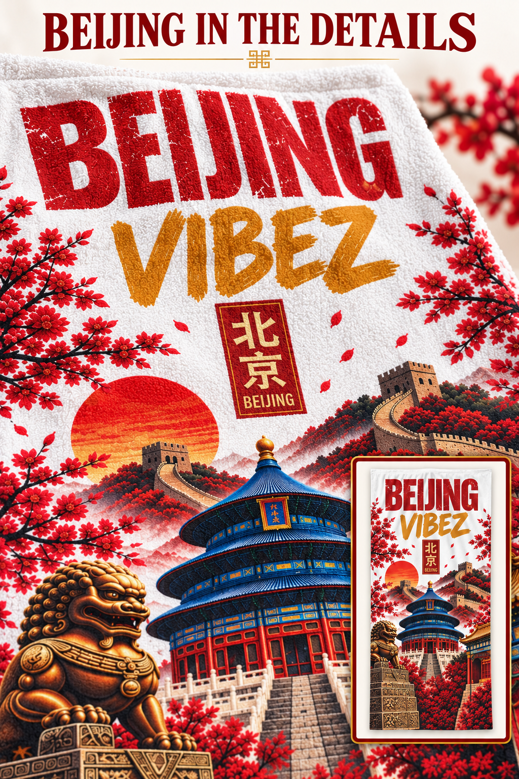 Beijing Towel, China Travel Gift, Great Wall Bath Towel, Temple of Heaven Decor, Red Gold Chinese Beach Towel, Beijing Souvenir