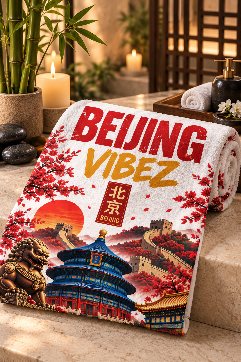Beijing Towel, China Travel Gift, Great Wall Bath Towel, Temple of Heaven Decor, Red Gold Chinese Beach Towel, Beijing Souvenir