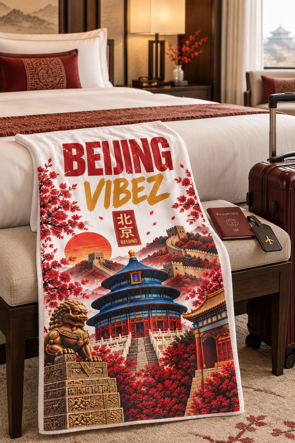 Beijing Towel, China Travel Gift, Great Wall Bath Towel, Temple of Heaven Decor, Red Gold Chinese Beach Towel, Beijing Souvenir