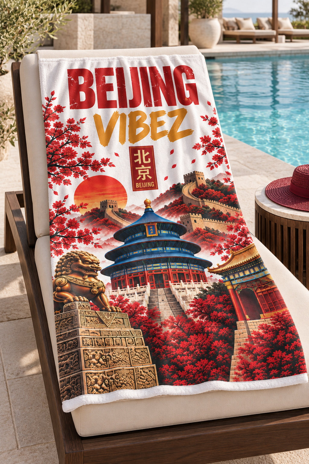 Beijing Towel, China Travel Gift, Great Wall Bath Towel, Temple of Heaven Decor, Red Gold Chinese Beach Towel, Beijing Souvenir