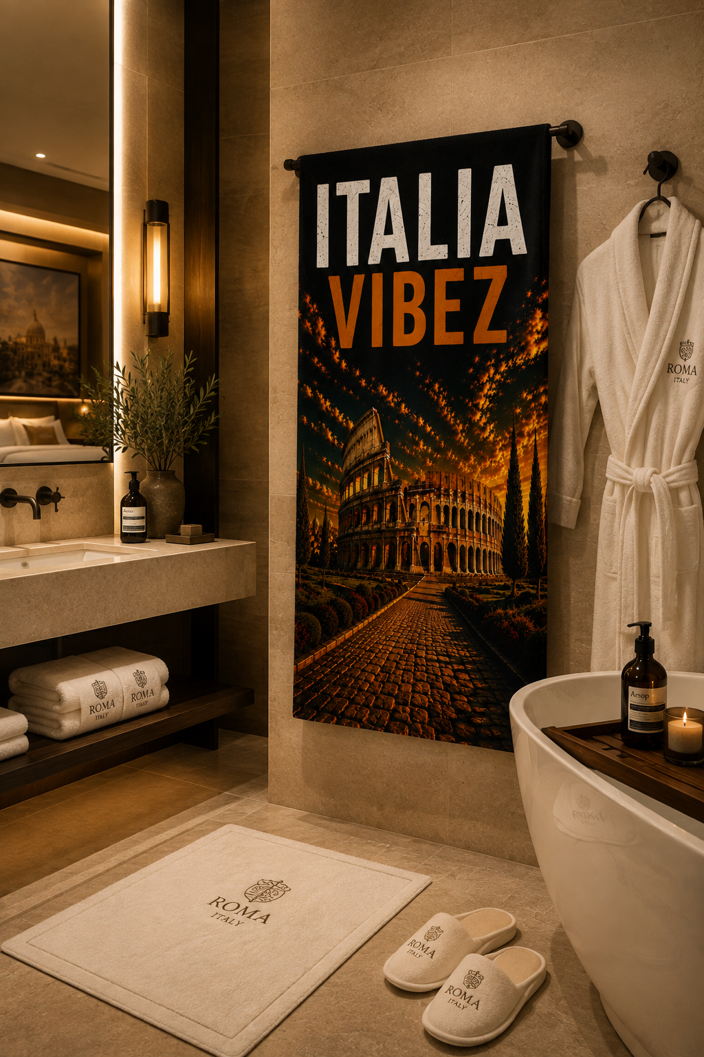 Italia Vibez Towel, Italy Colosseum Bath Towel, Rome Travel Gift, Italian Hotel & Shower Towel, Italy Vacation Decor