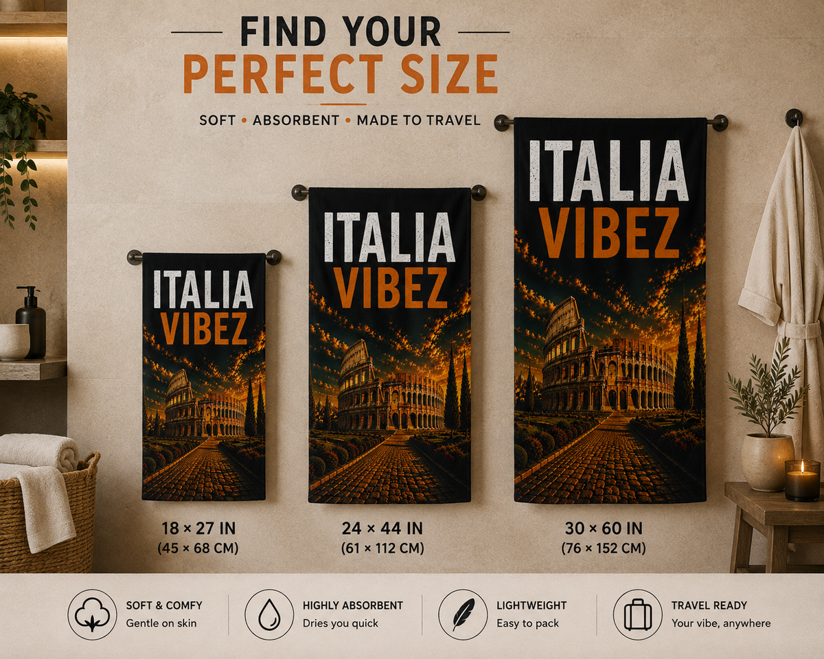 Italia Vibez Towel, Italy Colosseum Bath Towel, Rome Travel Gift, Italian Hotel & Shower Towel, Italy Vacation Decor
