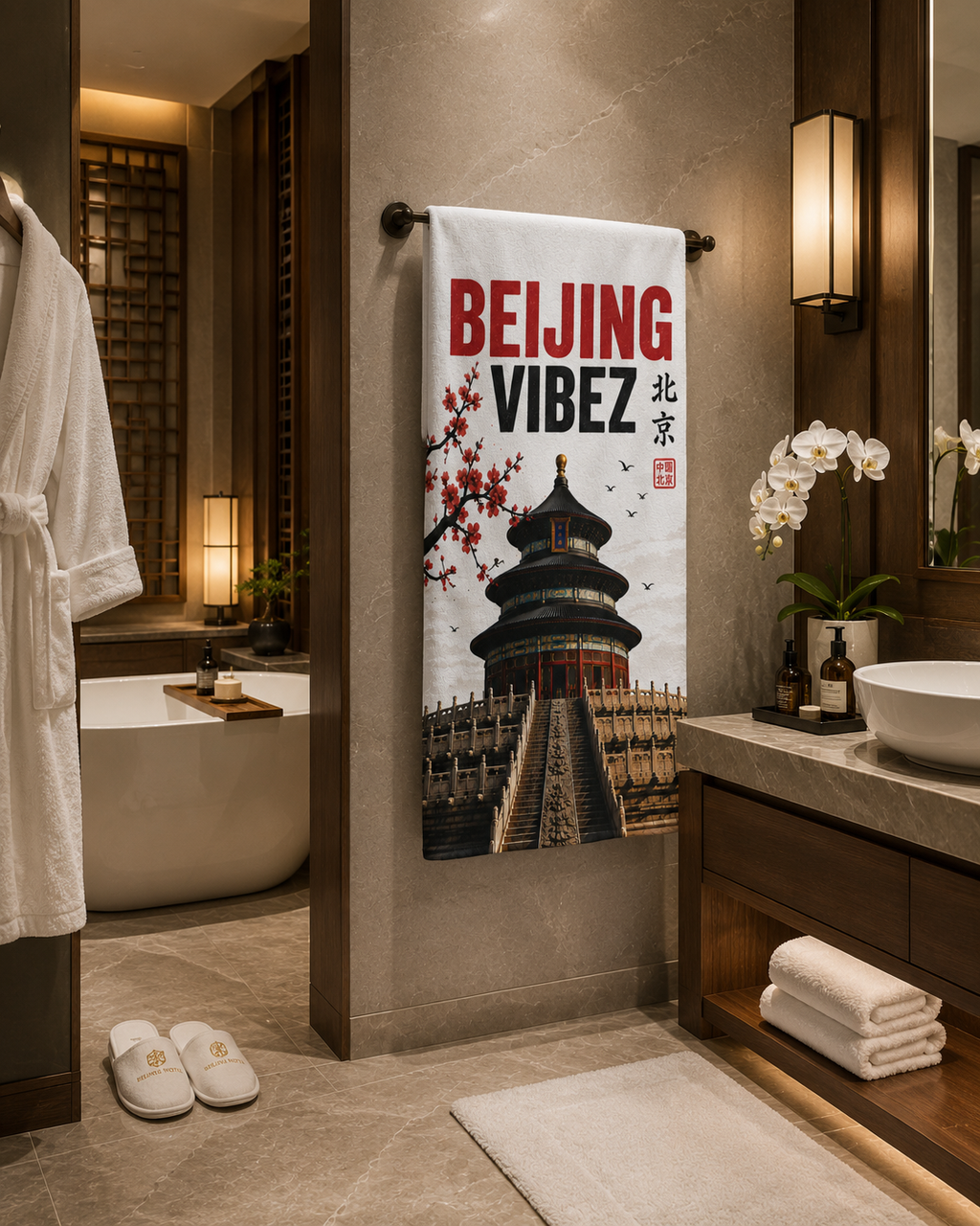 Beijing VIBEZ Towel, China Travel Gift, Beijing Souvenir Towel, Temple of Heaven Bath Towel, Hotel Pool Spa Shower Towel, Chinese Decor