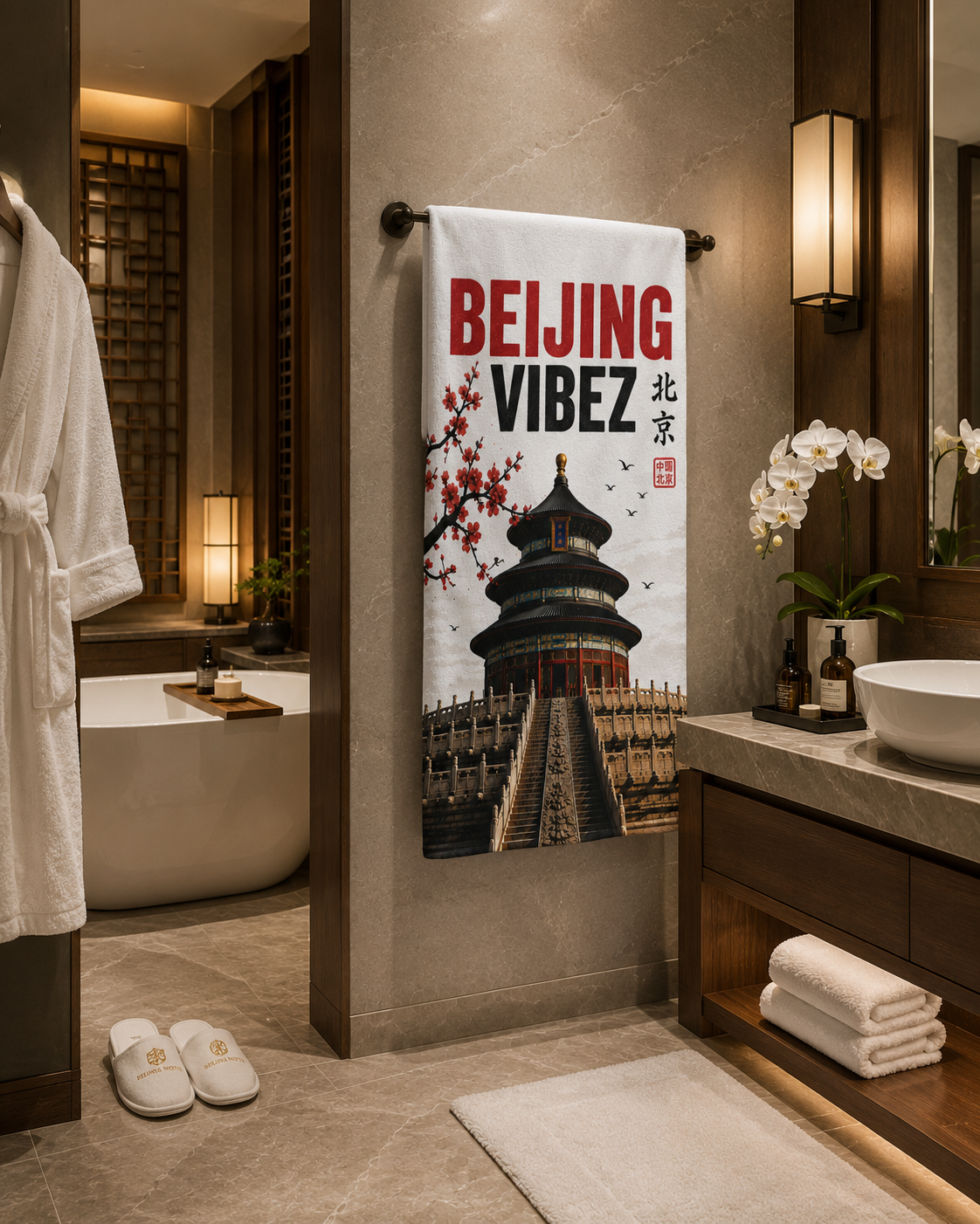 Beijing VIBEZ Towel, China Travel Gift, Beijing Souvenir Towel, Temple of Heaven Bath Towel, Hotel Pool Spa Shower Towel, Chinese Decor