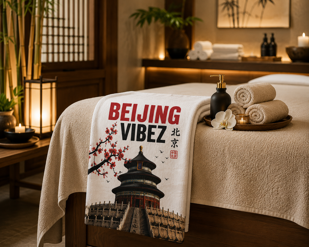 Beijing VIBEZ Towel, China Travel Gift, Beijing Souvenir Towel, Temple of Heaven Bath Towel, Hotel Pool Spa Shower Towel, Chinese Decor