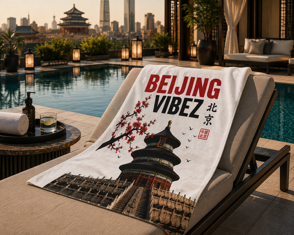 Beijing VIBEZ Towel, China Travel Gift, Beijing Souvenir Towel, Temple of Heaven Bath Towel, Hotel Pool Spa Shower Towel, Chinese Decor