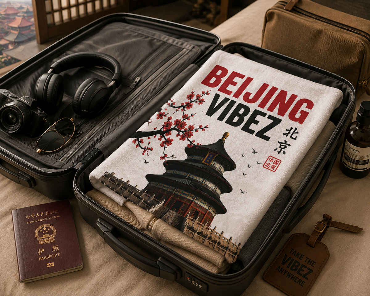 Beijing VIBEZ Towel, China Travel Gift, Beijing Souvenir Towel, Temple of Heaven Bath Towel, Hotel Pool Spa Shower Towel, Chinese Decor