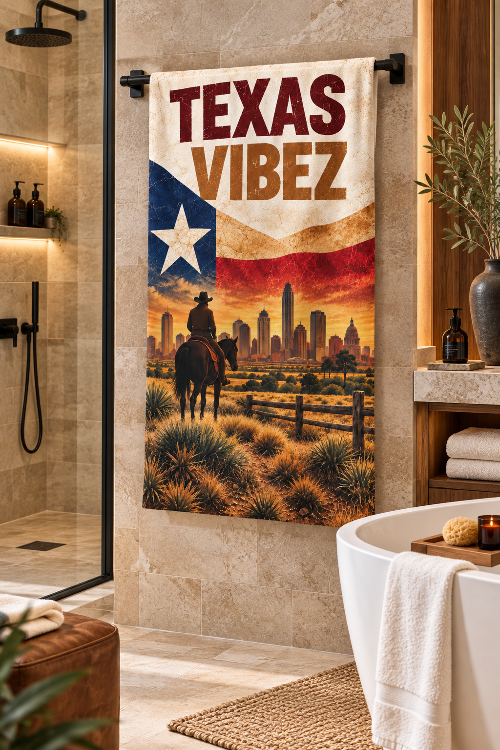 Texas Vibez Towel, Texas Cowboy Bath Towel, Western Travel Towel, Texas Flag Decor, Southwestern Bathroom Decor, Texas Gift