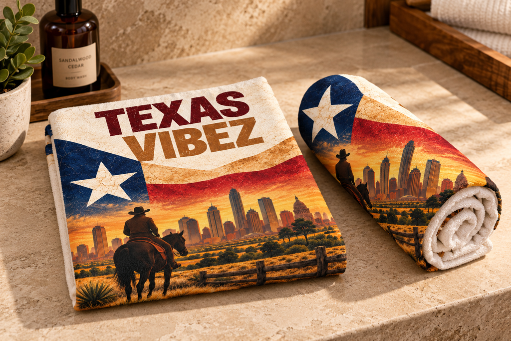 Texas Vibez Towel, Texas Cowboy Bath Towel, Western Travel Towel, Texas Flag Decor, Southwestern Bathroom Decor, Texas Gift