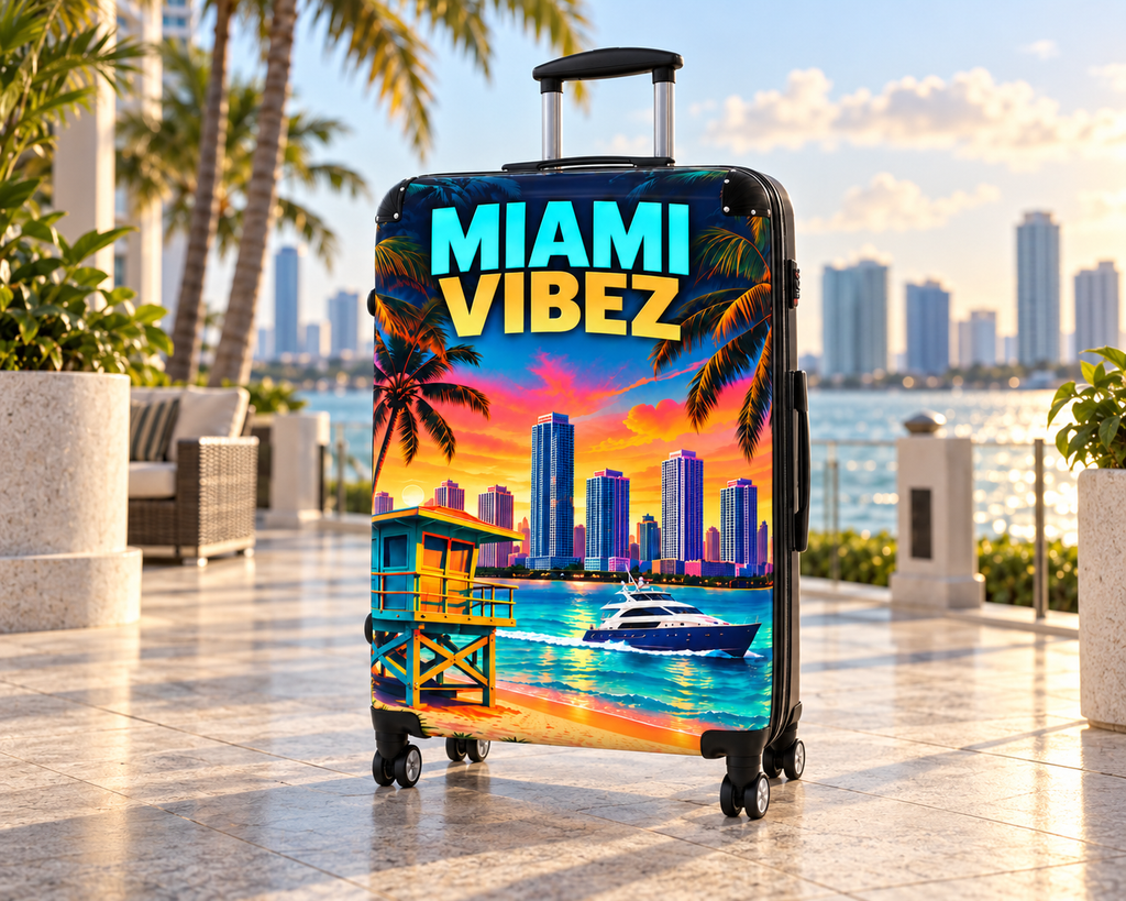 Miami Vibez Suitcase, Colorful Miami Luggage, Tropical Hard Shell Travel Case, Beach Vacation Gift, Spinner Wheel Suitcase