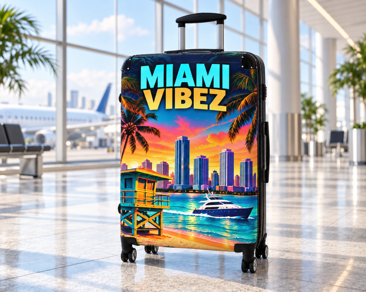 Miami Vibez Suitcase, Colorful Miami Luggage, Tropical Hard Shell Travel Case, Beach Vacation Gift, Spinner Wheel Suitcase