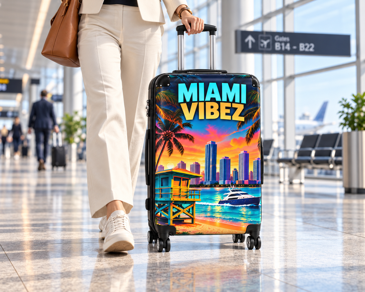 Miami Vibez Suitcase, Colorful Miami Luggage, Tropical Hard Shell Travel Case, Beach Vacation Gift, Spinner Wheel Suitcase