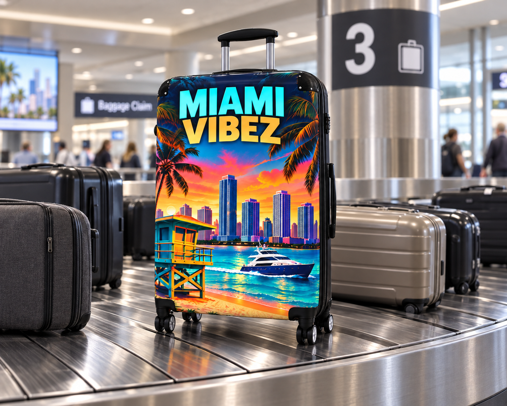 Miami Vibez Suitcase, Colorful Miami Luggage, Tropical Hard Shell Travel Case, Beach Vacation Gift, Spinner Wheel Suitcase