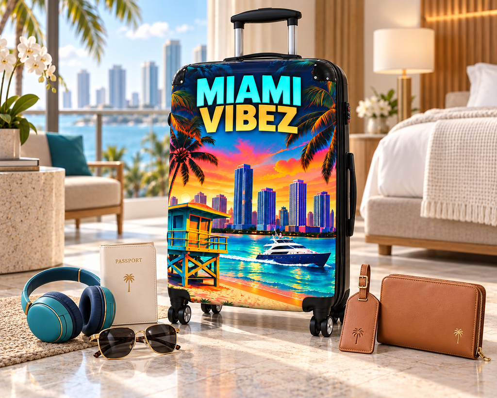 Miami Vibez Suitcase, Colorful Miami Luggage, Tropical Hard Shell Travel Case, Beach Vacation Gift, Spinner Wheel Suitcase