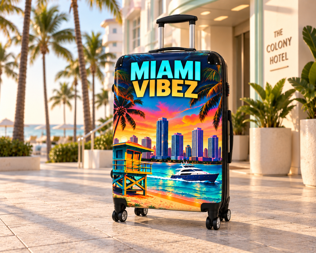 Miami Vibez Suitcase, Colorful Miami Luggage, Tropical Hard Shell Travel Case, Beach Vacation Gift, Spinner Wheel Suitcase