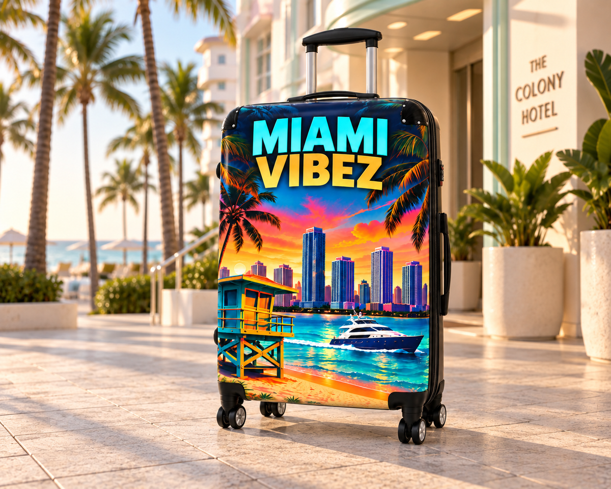 Miami Vibez Suitcase, Colorful Miami Luggage, Tropical Hard Shell Travel Case, Beach Vacation Gift, Spinner Wheel Suitcase