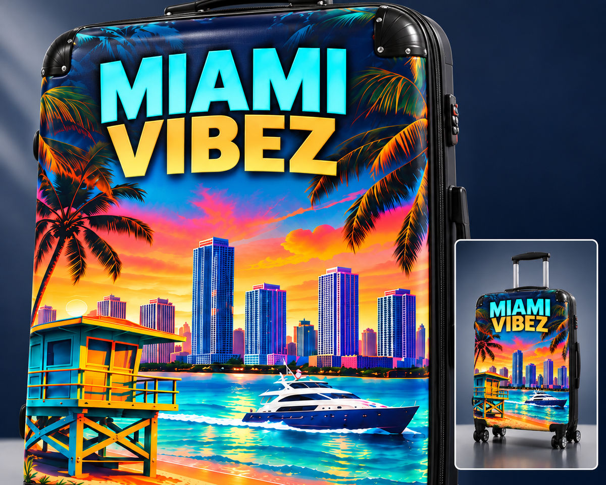 Miami Vibez Suitcase, Colorful Miami Luggage, Tropical Hard Shell Travel Case, Beach Vacation Gift, Spinner Wheel Suitcase
