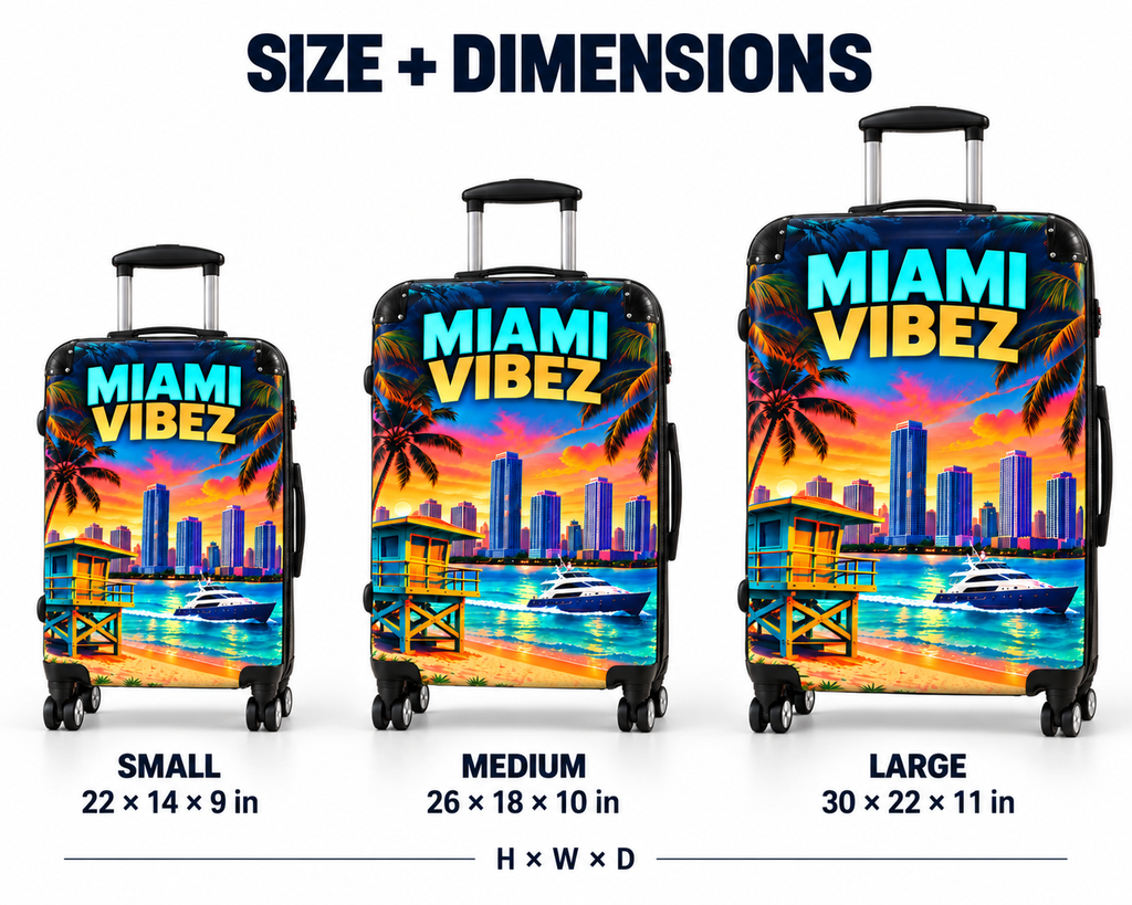 Miami Vibez Suitcase, Colorful Miami Luggage, Tropical Hard Shell Travel Case, Beach Vacation Gift, Spinner Wheel Suitcase